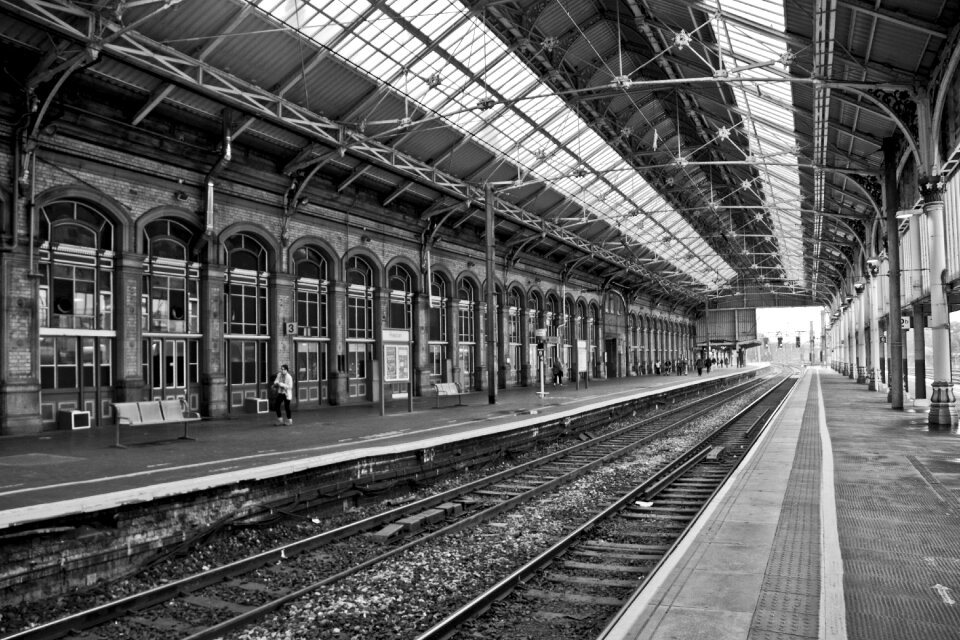 Preston Railway station in black and white