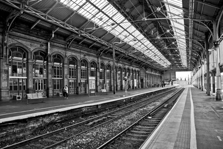 Preston Railway station in black and white