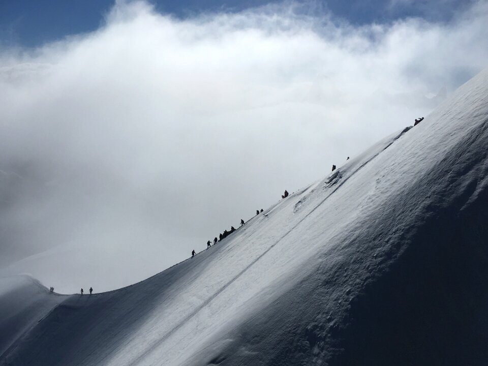 Mont Blanc mountaneers walking on snowy ridge