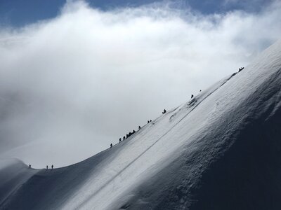 Mont Blanc mountaneers walking on snowy ridge photo