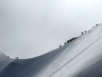 Mont Blanc mountaneers walking on snowy ridge