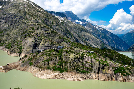 Alpine refuge near Oberaarsee dam in the Bernese Alps photo