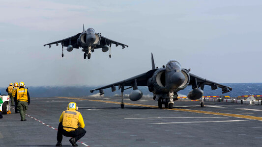 AV-8B Harrier lands on the flight deck