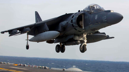 AV-8B Harrier lands on the flight deck