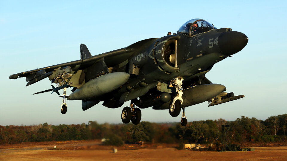 An AV-8B Harrier hovers