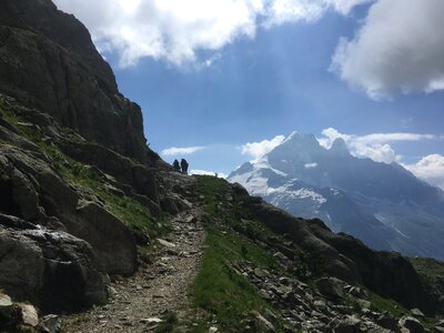 Mountain trail looking towards Mont Blanc mountain range