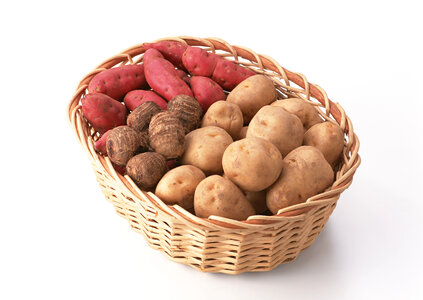 A variety of raw potatoes sweet potato and taro in basket