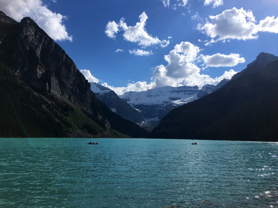 Canoes floating peacefully on the waters of Lake Louise