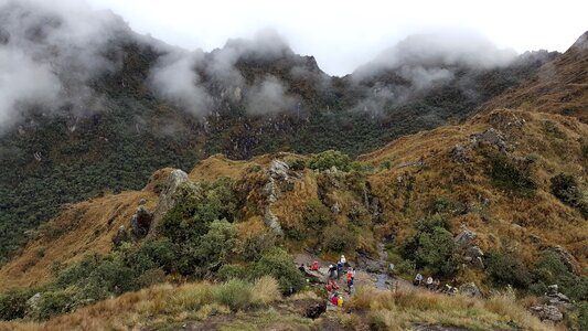 Tourists hiking the Inca Classic Trail in Peru photo