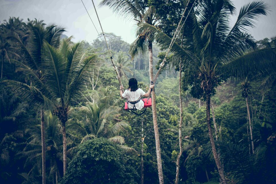 Woman swinging in the jungle of Bali island