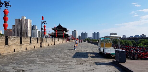 beautiful xian city wall and ancient tower at dusk , China
