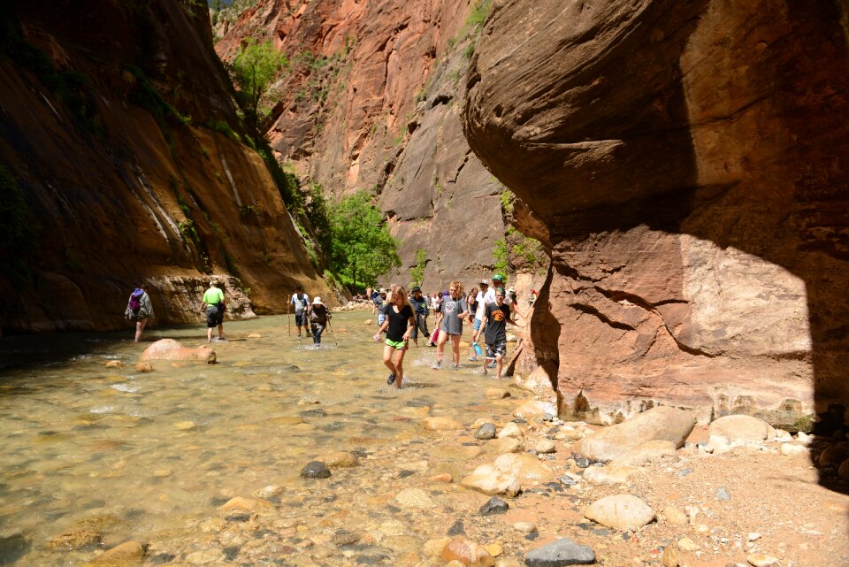 People hiking in zion narrow with virgin river