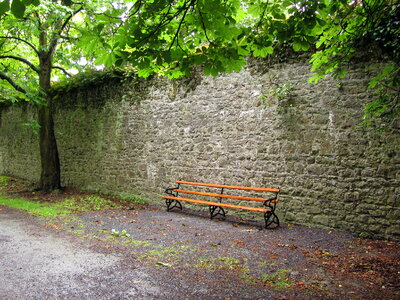 Bench against a brick wall; urban scenery photo