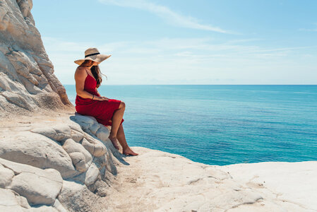 Woman in Beautiful landscape of Taormina, Italy photo