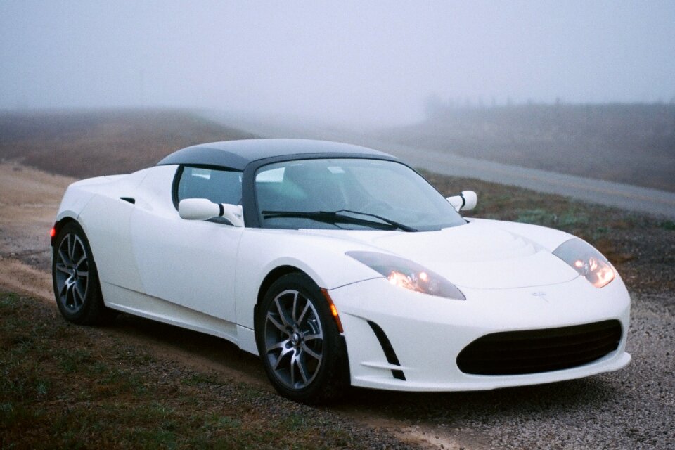 Tesla Roadster on a foggy morning