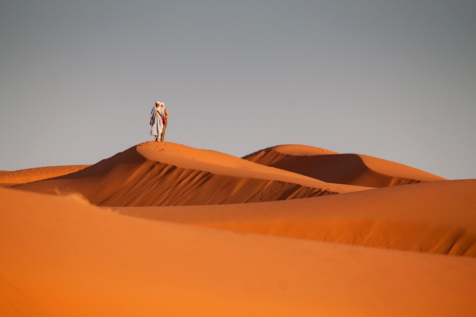 Global warming concept. Lonely sand dunes under dramatic