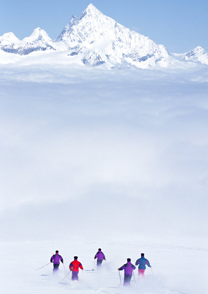 skiers skiing on fresh powder snow