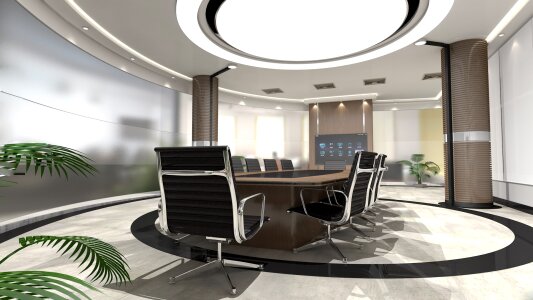 Conference room interior with a concret wall. photo