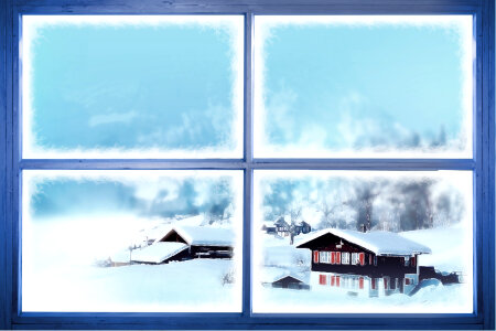Winter landscape view through a frozen window
