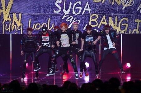 K-pop Idol Group BTS in 2014 performing at Mnet M Countdown.