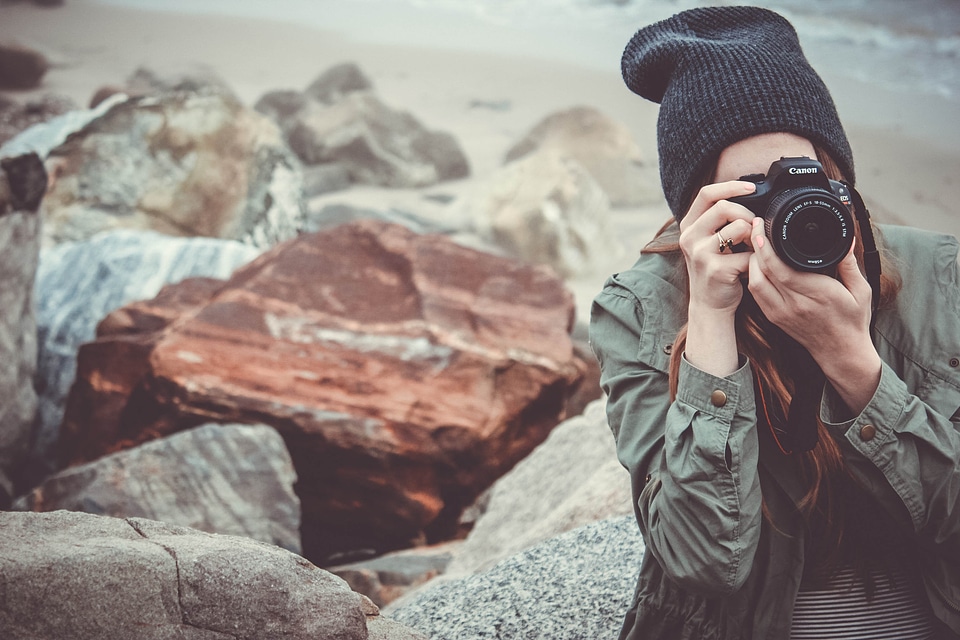 Woman Camera Hat Rock Outdoors