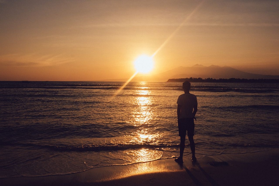 Man Beach Sunset Mountains