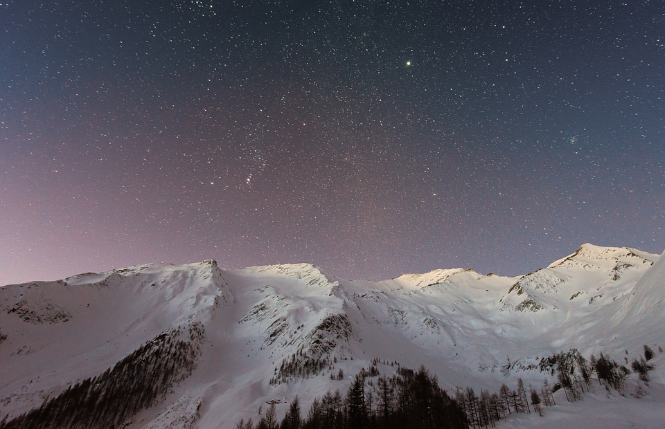 Mountain Snow Sunset Stars Sky