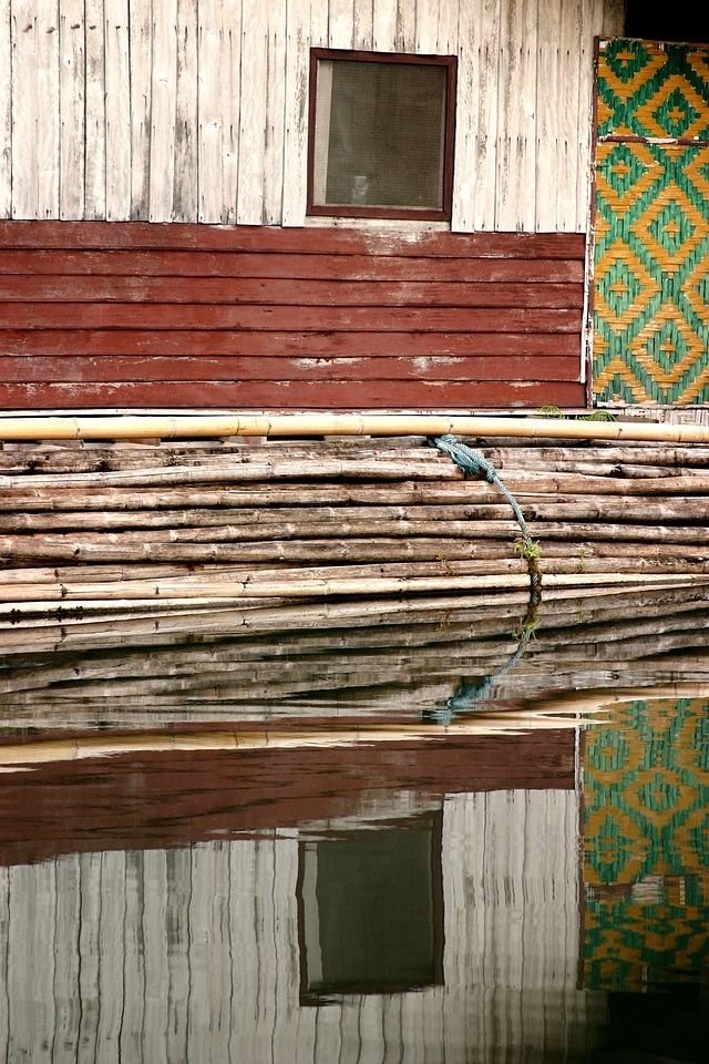 Wood Wall And Bamboo Bundle Reflection