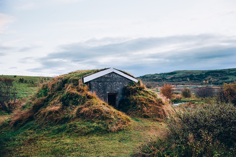 Iceland Hut In Grassy Hill