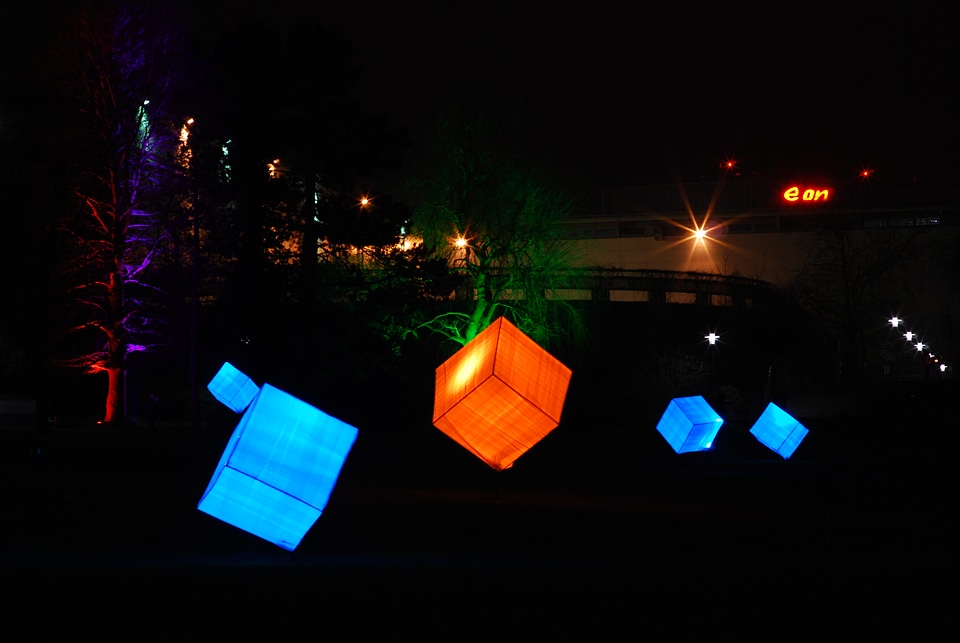 Lit-up cubes in Gruga Park, Essen, Germany