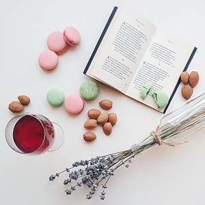 Relax with macarons, drink and a book photo
