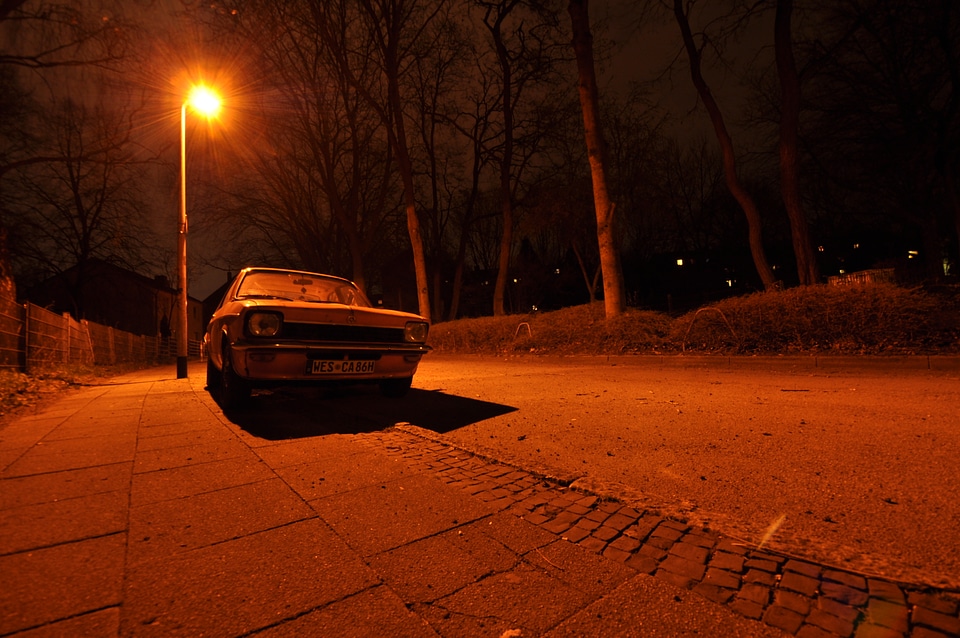 Opel Kadett at night in orange light