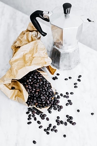 Old Fashion Coffee Maker and Beans photo