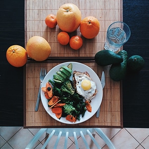 Chicken steak with egg, spinach, broccoli, avocado and carrot