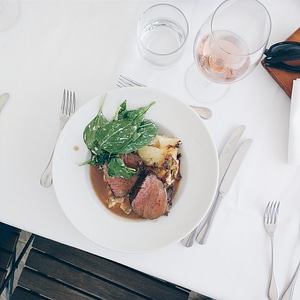 Medium beef steak with spinach and potatoes