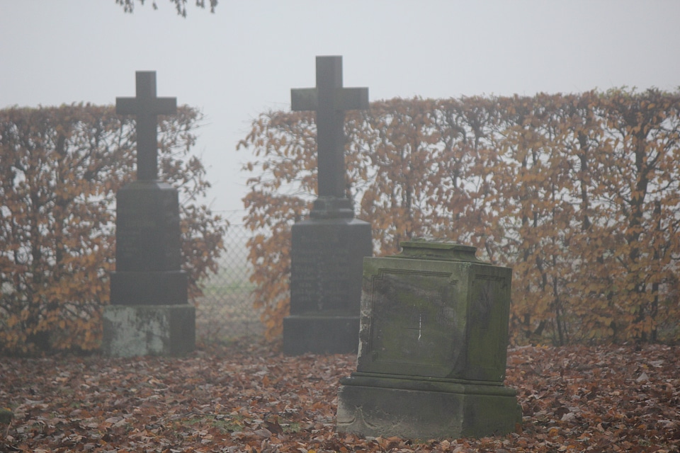 Tombstones in fog photo