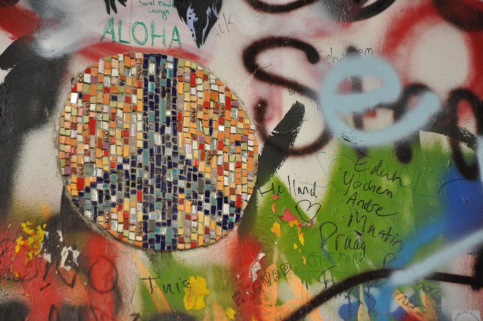 Peace mosaic on John Lennon wall in Prague