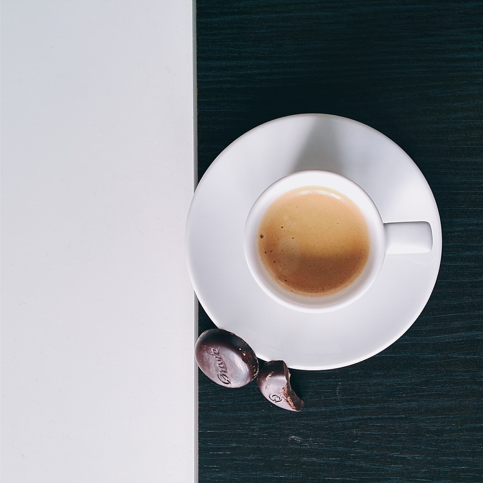 Black and white coffee with a chocolate