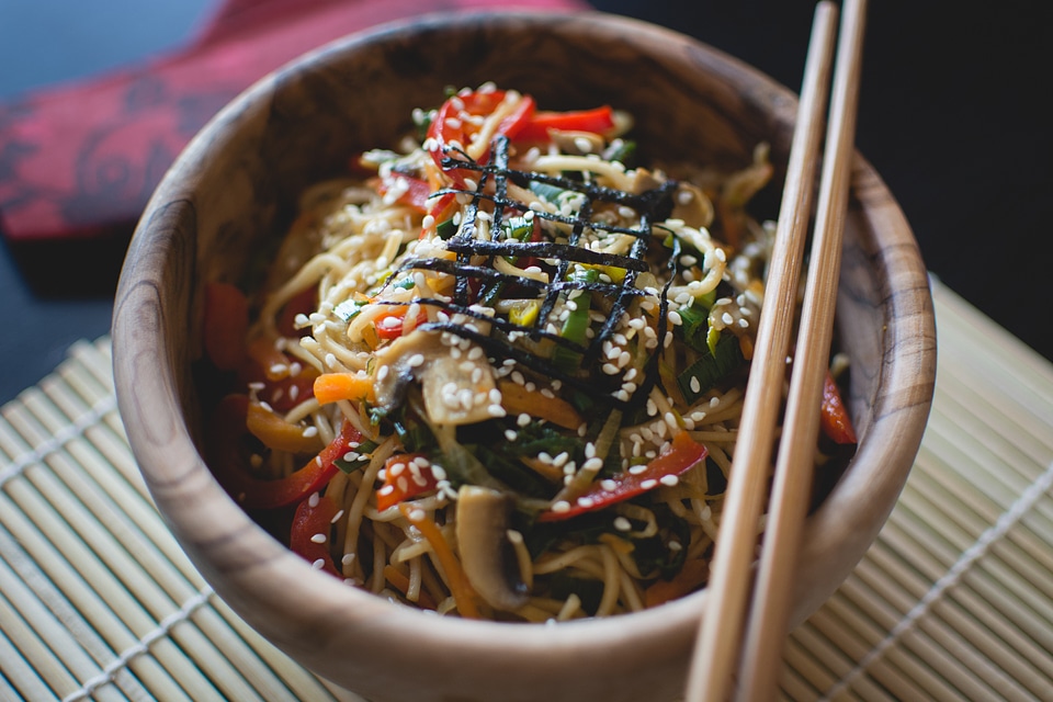 Noodles with wooden chopsticks