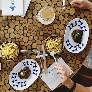 Beef steaks with french fries