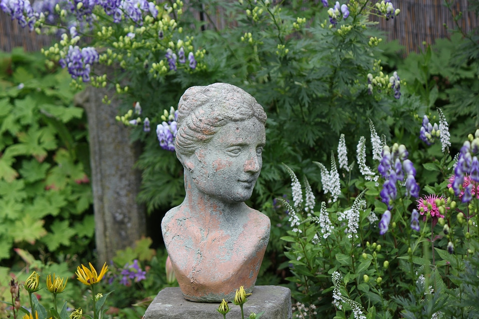 Female bust between flowers