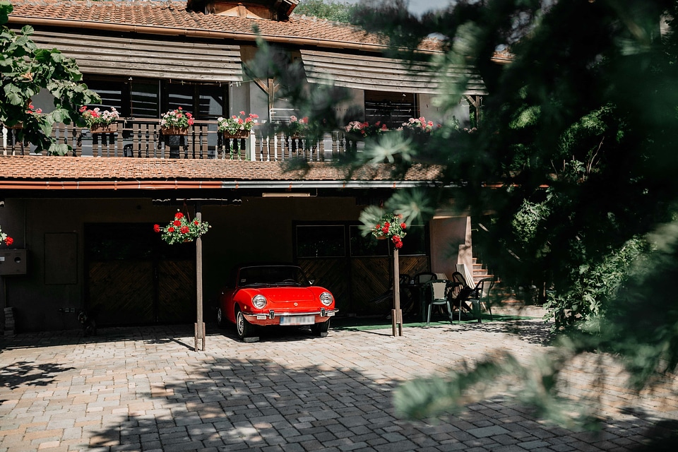 Car red backyard photo