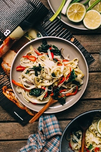 Rice noodles with roasted vegetables photo