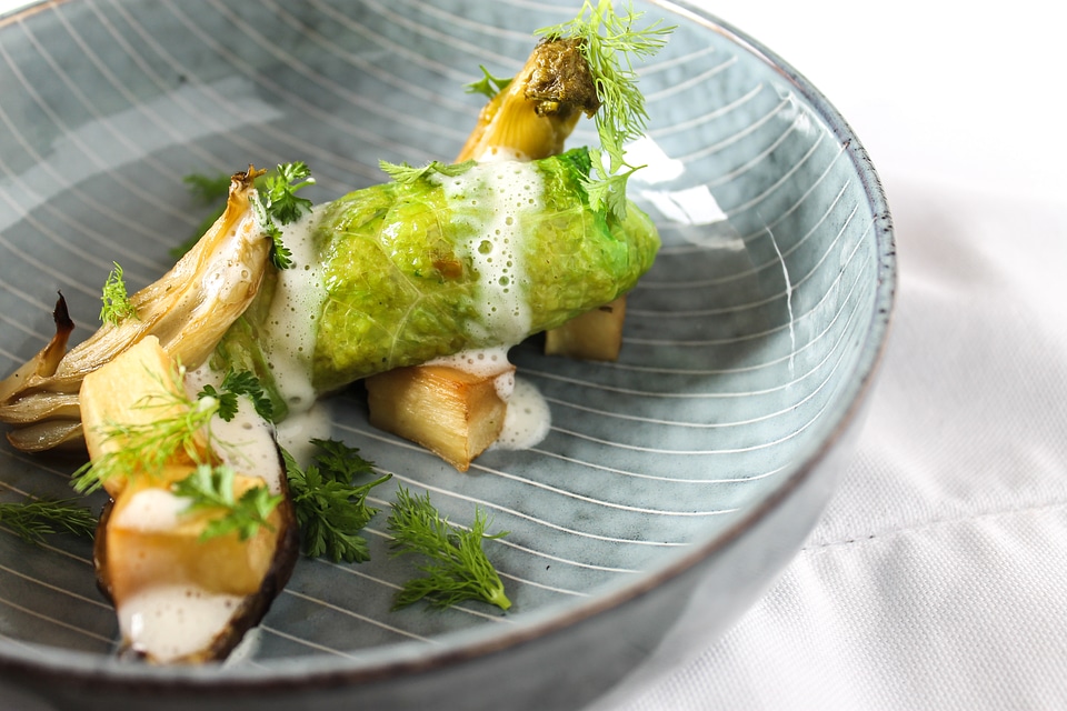 Cabbage Roll with roasted Vegetables and horseradish sauce
