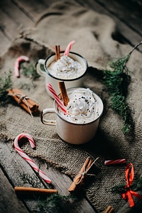 Hot chocolate with cream and dried cinnamon photo