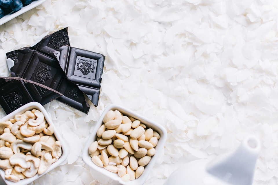 Dark chocolate with nuts and coconut flakes