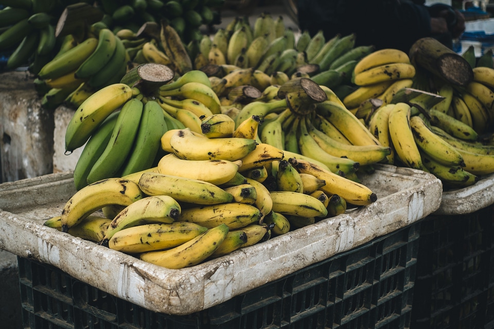 Crate with ripe bananas