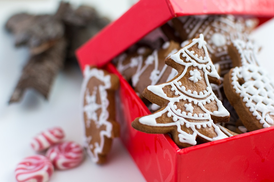 Traditional Christmas gingerbreads in a red paper box