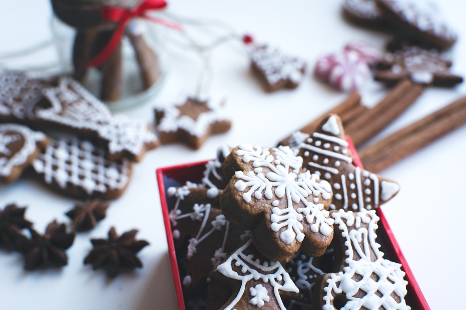 Traditional Christmas gingerbreads in a red paper box