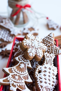 Traditional Christmas gingerbreads in a red paper box photo
